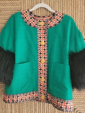 Gucci Green Tweed Jacket with Black Fur Sleeves and Gold Buttons